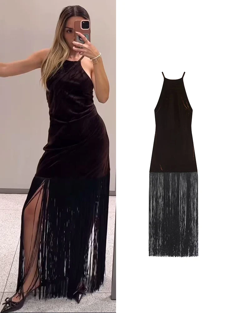 TFMLN 2026 جديد إمرأة شرابة فستان الرسن مثير الصلبة أكمام عارية الذراعين التخسيس ماكسي فساتين الإناث عطلة فستان حفلة