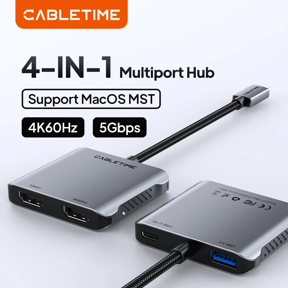 CABLETIME 4 IN 1 Mac MST USB C HUB 4K@60Hz Male to Female 5Gbps High-Speed 100W Data Sync Charging for Laptops iMac Tablets