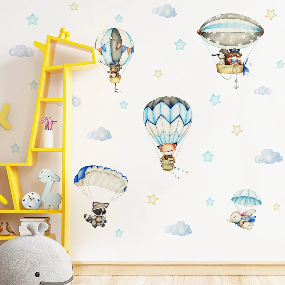 Blue Animals Skydiving Hot Air Balloon Clouds Wall Stickers for Kids Room Baby Nursery Room Watercolor Wall Decals Home Decor