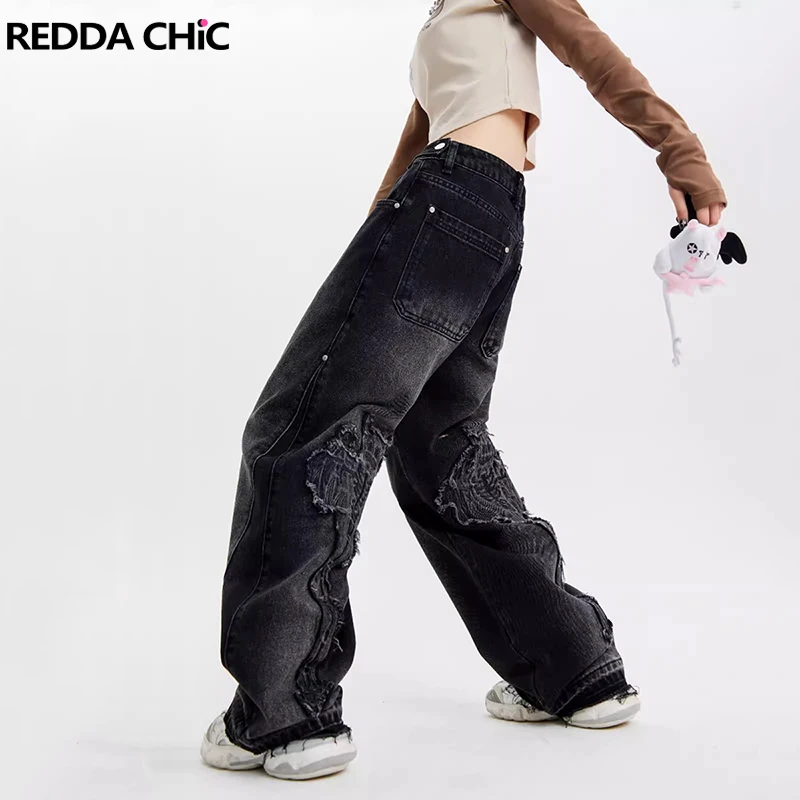 

ReddaChic Retro Black Stitch Bat Baggy Jeans Women Y2k Gothic Adjust-waist Patchwork Wide Leg Casual Pants Harajuku Streetwear