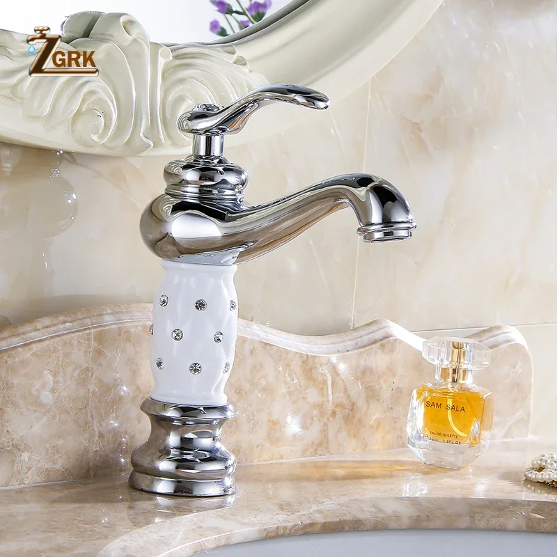 ZGRK Basin Faucets Golden Bathroom Sink Faucet Creative Design Crystal Deck Mounted Hot and Cold Water Single Hole Mixer Taps