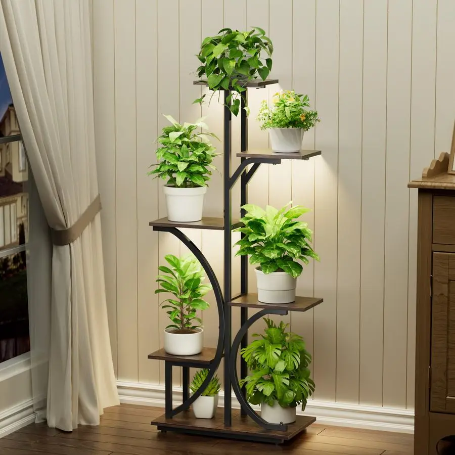 

Plant Stand with Grow Lights Indoor, 6 Tiered Plant Shelf, 45 Corner Display Storage Shelf, Curved Design Flower Stand for Livi
