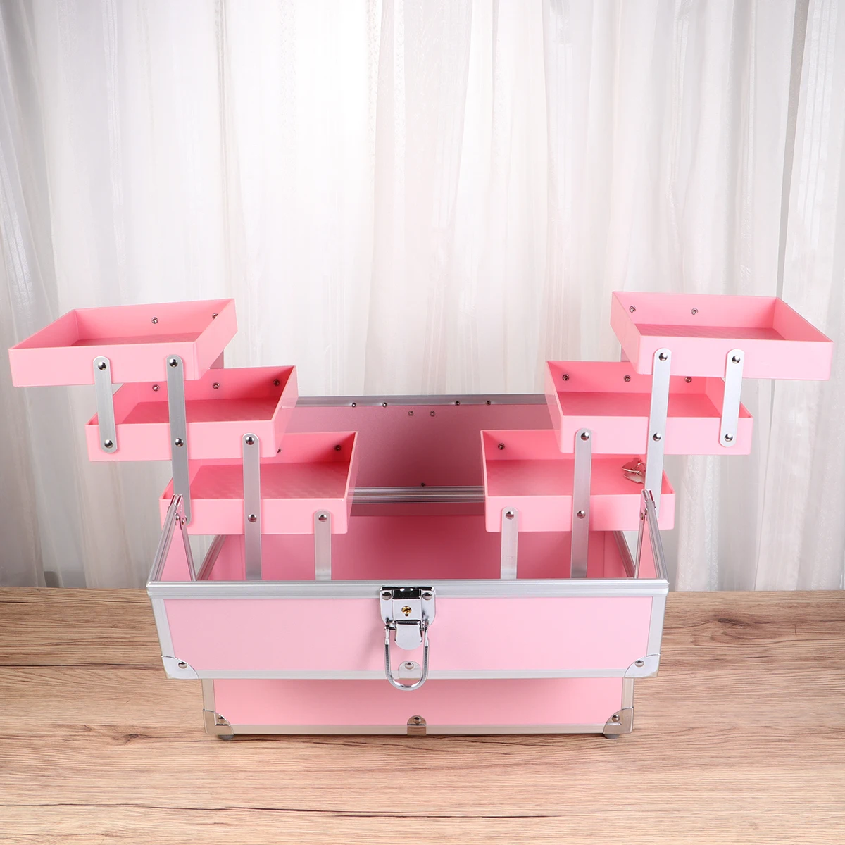 

Cosmetics Box 3 Tiers Foldable Large Capacity Portable Makeup Train Case Travel Organizer Durable Makeup Train Case