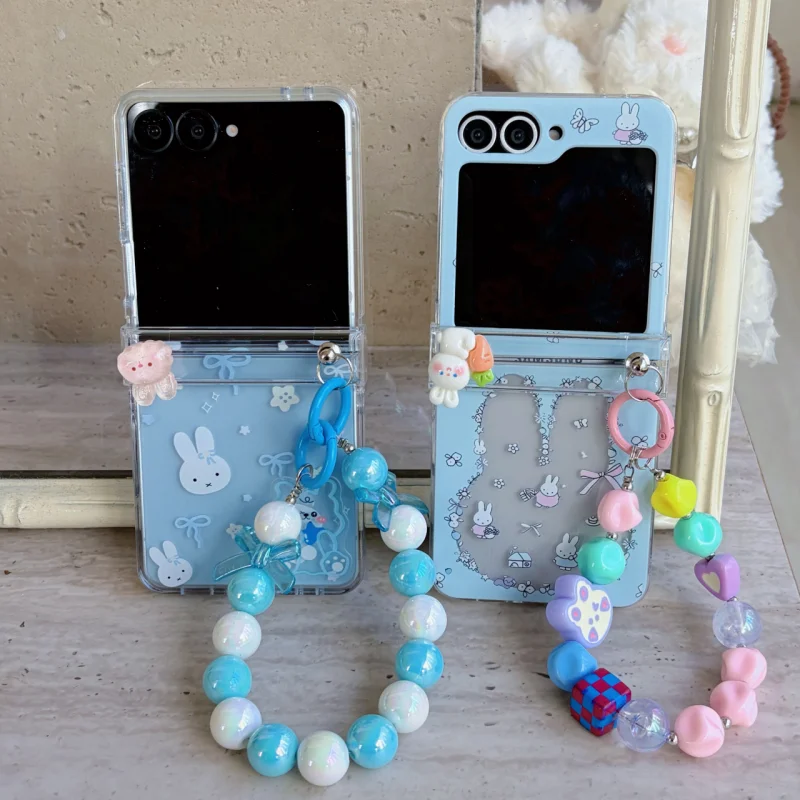 

Cute Bow star Miffy Clear Folding Phone Case For Samsung Z Flip 7 FE 6 5 4 3 flower Cartoon Miffy protect Cover Wrist Strap﻿﻿﻿﻿