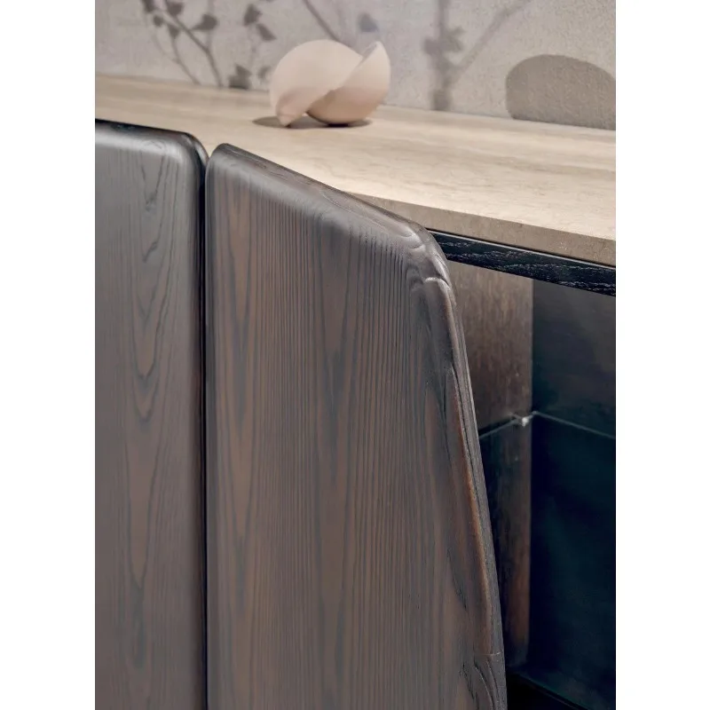 Italian modern luxury high-grade stainless steel solid wood sideboard