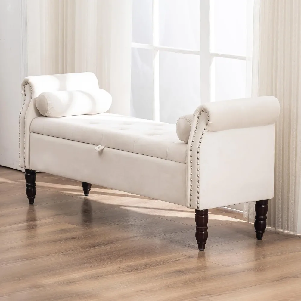 مقعد تخزين لغرفة النوم، طول 57 بوصة، عثماني منجد بأزرار مع مساحة تخزين ووسادتين #4