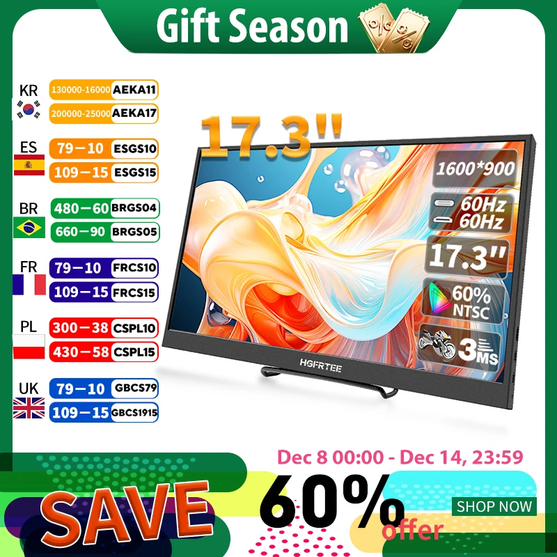 

17.3 Inch Mobile Portable Monitor External Screen Game PC Display HDMI-Compatible For Switch Laptop xbox