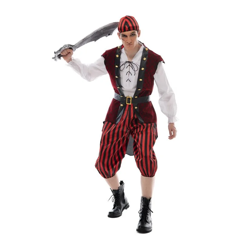 Adult Caribbean Pirate Costume Cosplay Deluxe Men Halloween Captain Outfits Set Carnival Easter Purim Fancy Dress