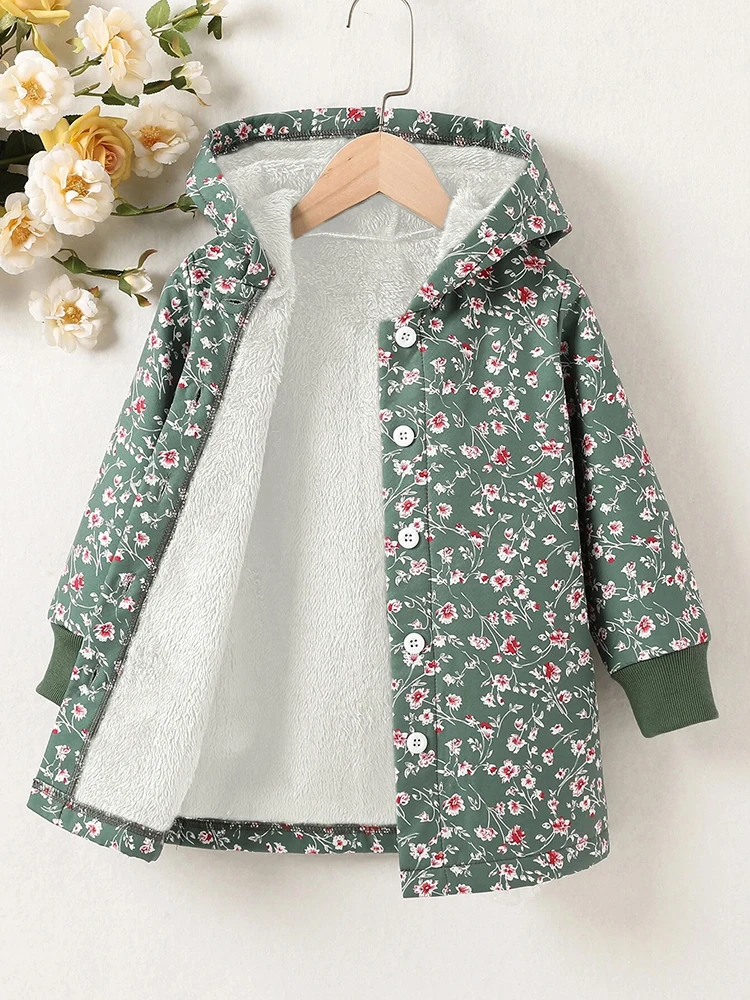 Girls Floral Warm Button Cardigan Children\'s Autumn and Winter Fleece Hooded Jacket