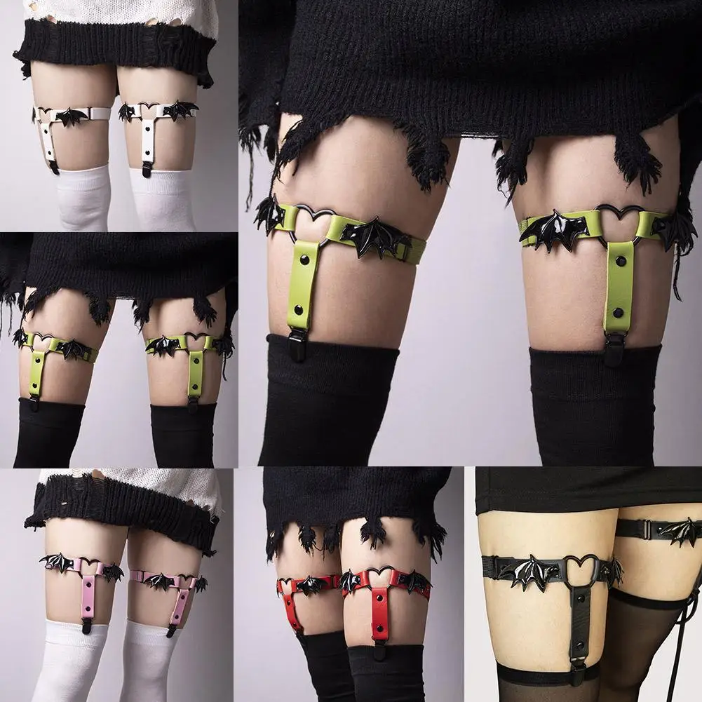 1 pasang Garter paha wanita bentuk hati Gotik dengan sabuk Garter kaki Punk sayap kelelawar antiselip klip Stocking klub malam rantai kaki Pesta