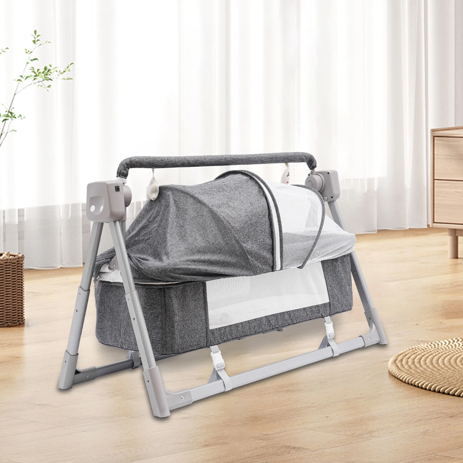 Portable Baby Bassinet with Bluetooth Connectivity, Adjustable Speeds, Safe Mattress, Foldable Frame for Easy Storage