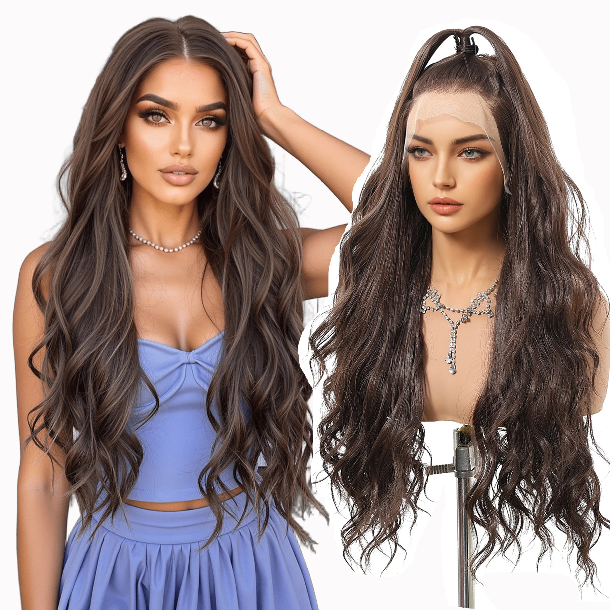 

DWY Brown Synthetic Lace Wigs for Women Long Wavy 13*4 Lace Frontal Wigs Free Part Natural Wave Lace Wigs Brown Hair for Daily