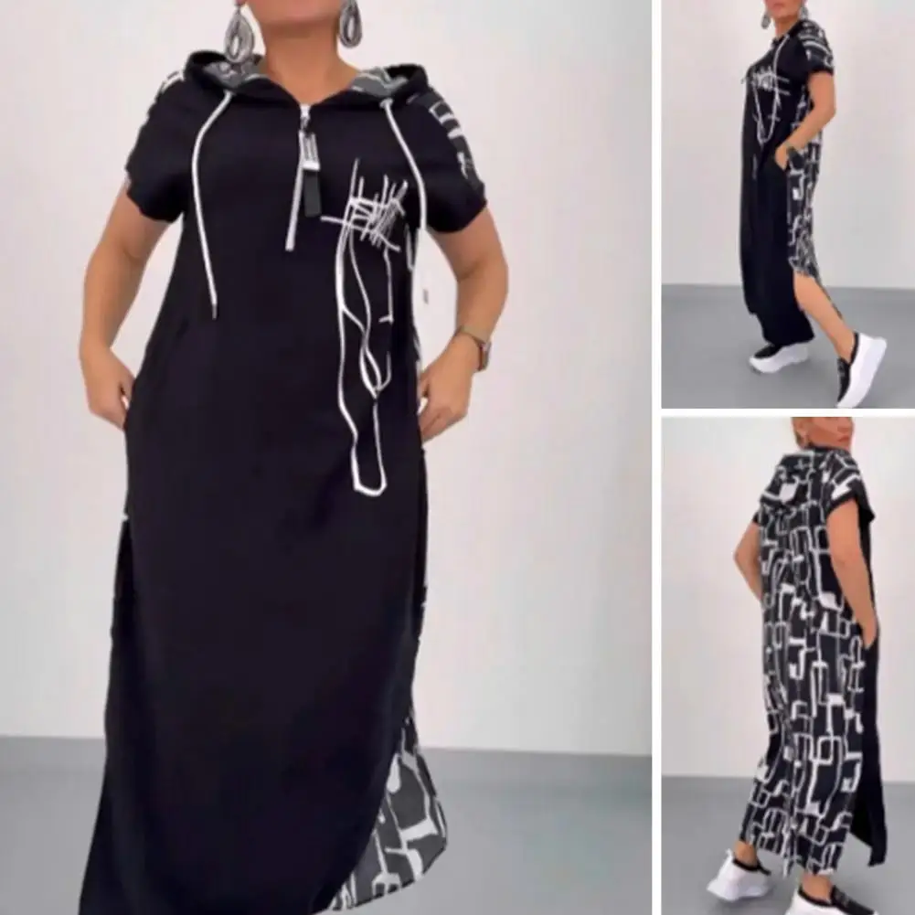 Loose Women Dress Stylish Hooded Maxi Dress with Drawstring Waist Printed Patchwork Design for Wear Short Sleeves Loose Fit