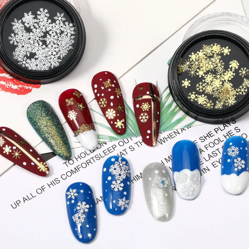 1-Jar Mixed-Size Snowflake Nail Glitter Sequins Christmas White Glitter Nail Flakes 3D Hollow Metal Snowflake Manicure Decor P-T