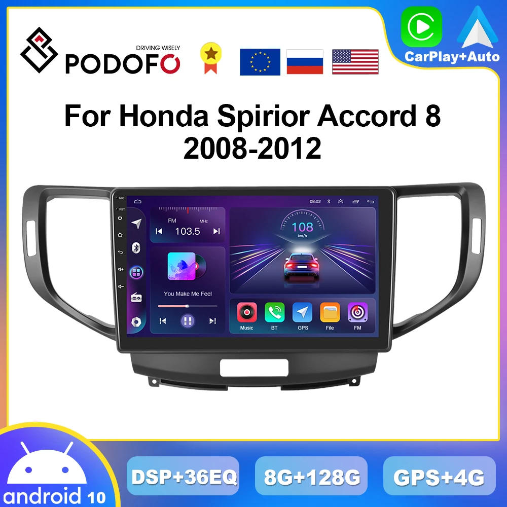 Podofo 8G 128G CarPlay Android Radio For Honda Spirior Accord 8 2008-2012 Car Multimedia Player 2din Head Unit GPS Stereo HiFi