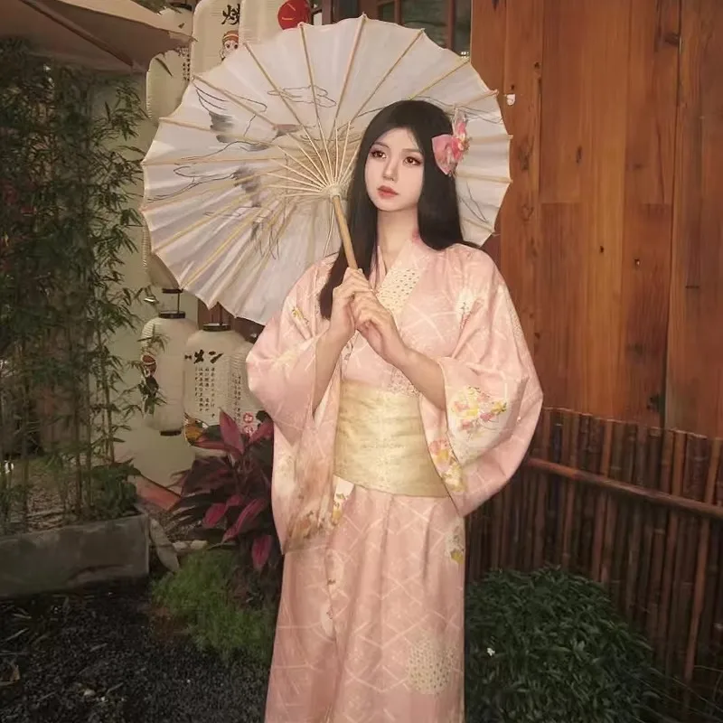2025 New Design Japanese Kimono Pink Sakura Design Dance Perform Photoshooting Tour Anime Cosplay Halloween Costumes For Women