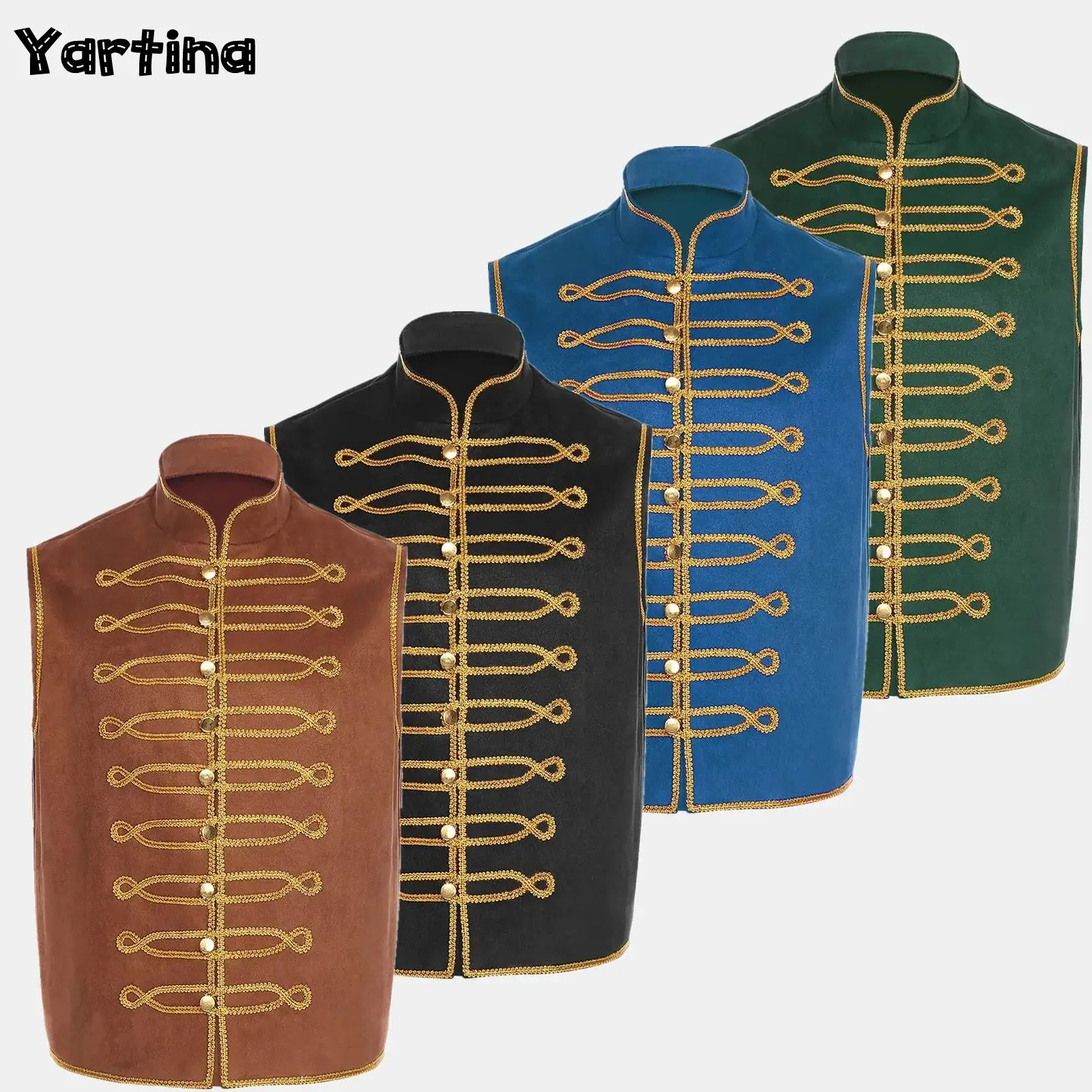 

Mens Trimming Gold Buttons Retro Pirate Vest Tops Medieval Renaissance Costume Punk Costume Stand Collar Gold Halloween Outfits
