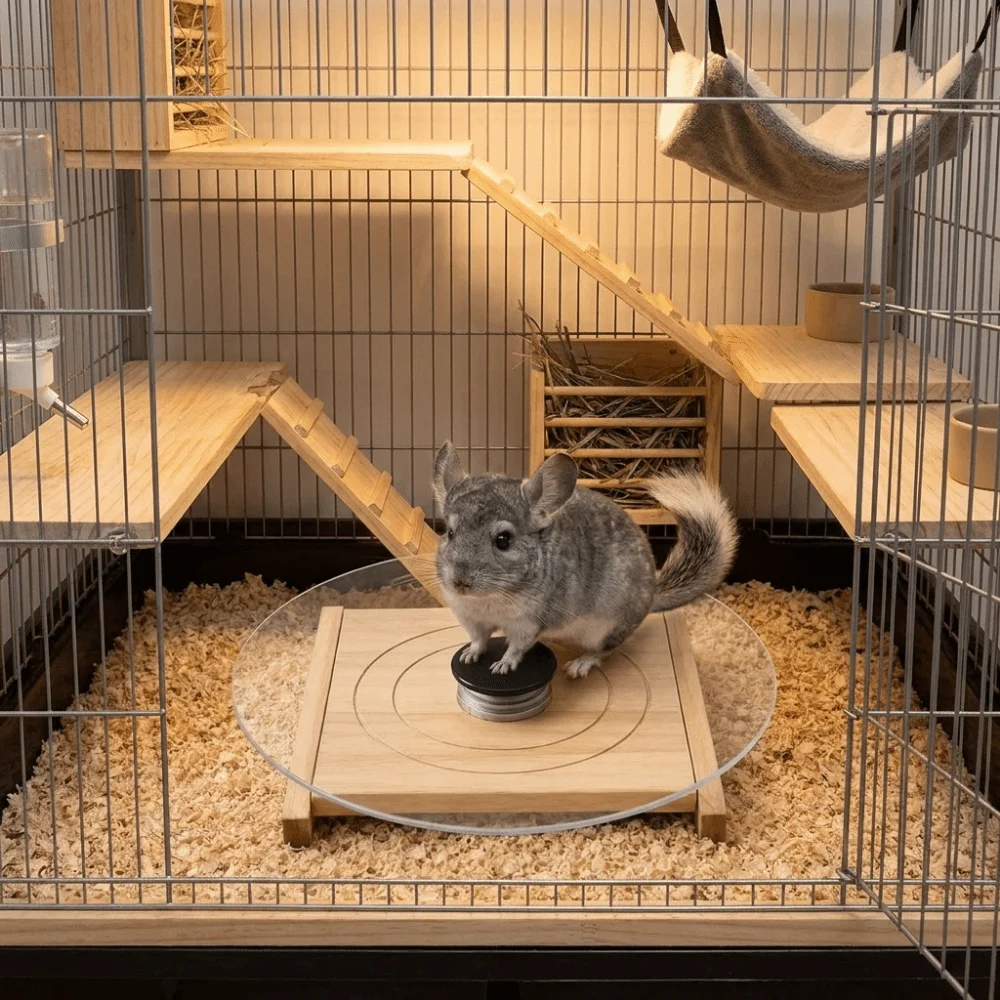 耐久性のあるガラス製ハムスターランニングホイール、長持ちする安定したチンチラランニングプレート、木製ベース付き静音ペットエクササイズラット
