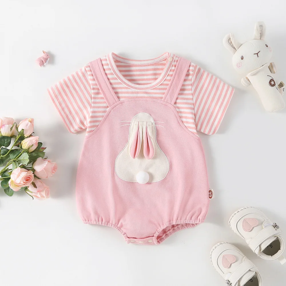 2024 New Summer Baby Rabbit Bodysuit Girls Sweet Cute Stripe Bunny One Piece Toddler Outwear Clothes