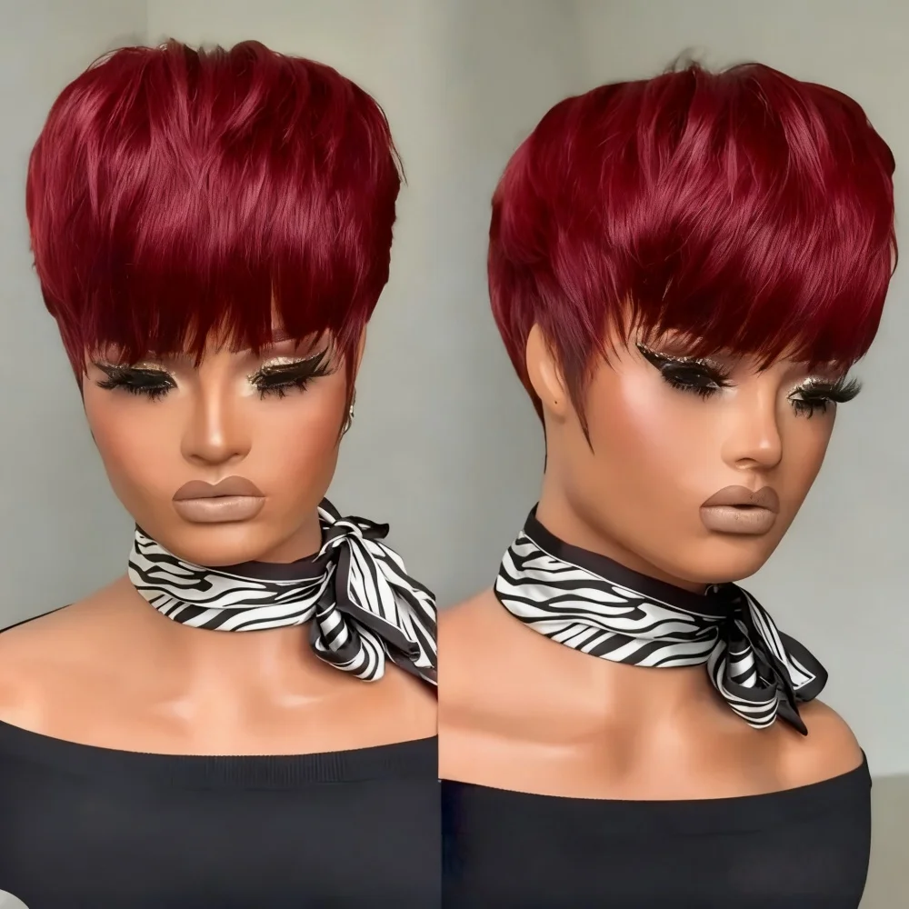 Parrucca corta con taglio pixie con frangia Parrucca per capelli lisci naturale bionda/rossa completamente realizzata a macchina