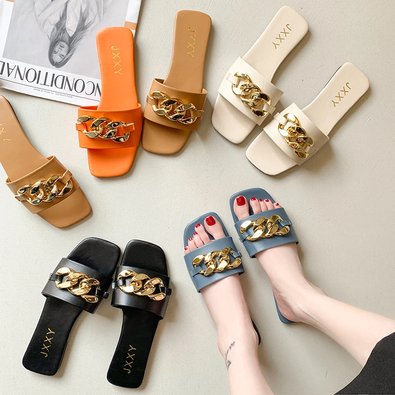 2023 New Fashion Women\'s Slippers Square Toe Chain Slippers Flat Slide Sandals Beach Flip Flops Metal Decoration Casual Shoes