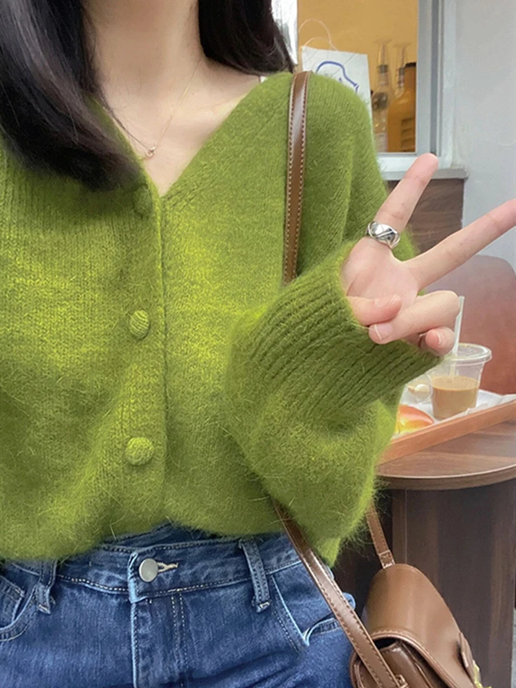 Autumn Fashion V-neck Knitted Cardigan Women Green Long Sleeve Single Breasted Sweaters Casual Lazy Style Retro Tops