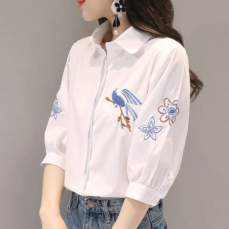 Spring Summer Fashion Loose New Style Half Sleeve Buttons Embroidered Women's Shirt Simplicity Elegant Trend Temperament Tops