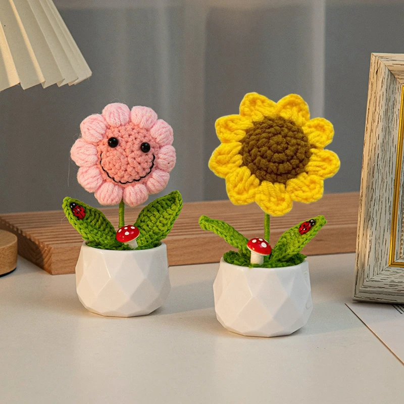 Sunflowers Girasol Crochet Flower Pots Artificial Hand Woven Flowers Finished Crochet Plant Wedding Guest Gifts Desktop Ornament