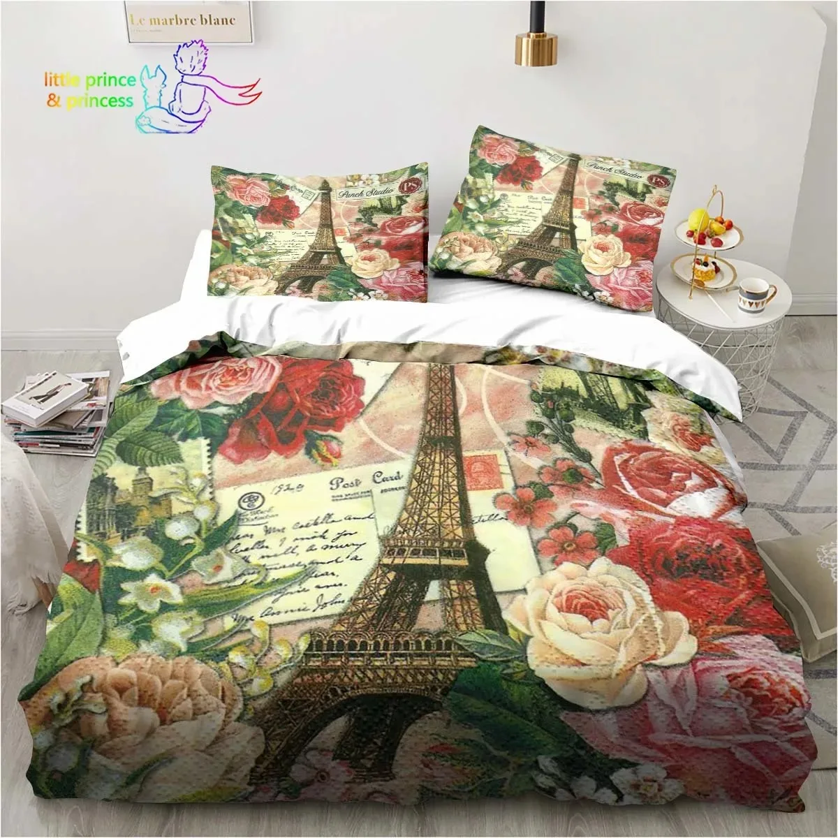 

Vintage Paris Eiffel Tower Bedding Set Single Twin Full Queen King Size Bed Set Adult Kid Bedroom Romantic Flower Bedding Gift