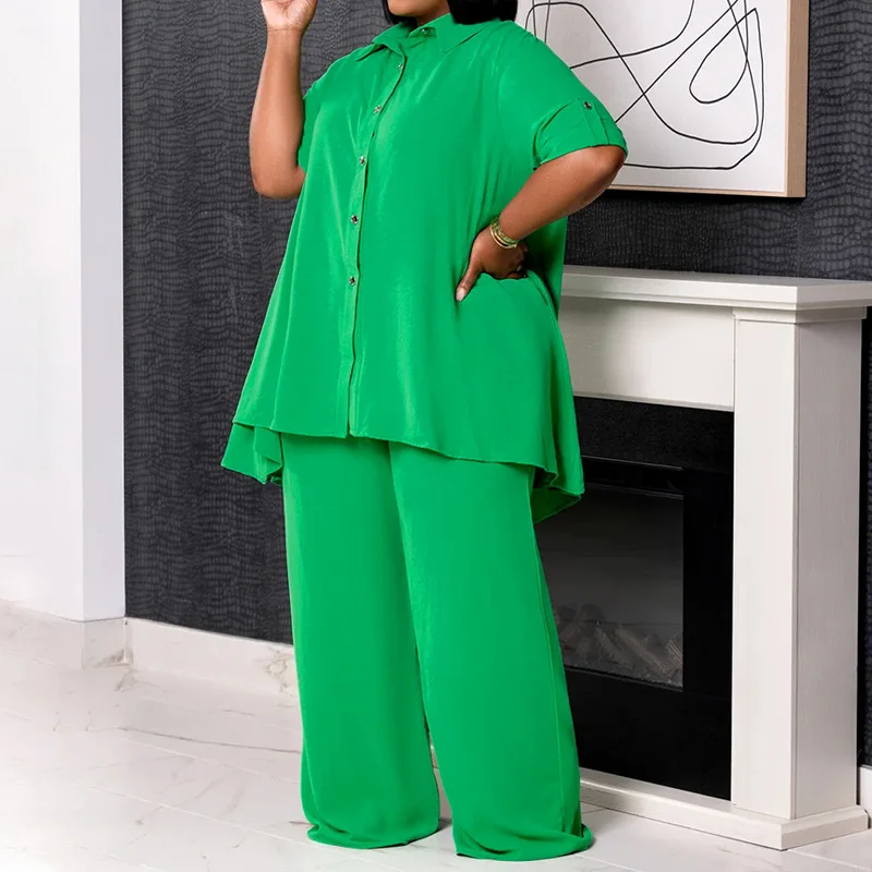Slergiri Women's Plus Size Two 2 Piece Set 2025 Summer Turn-down collar Button Long Shirt Top And Wide-leg Pants Woman Sets
