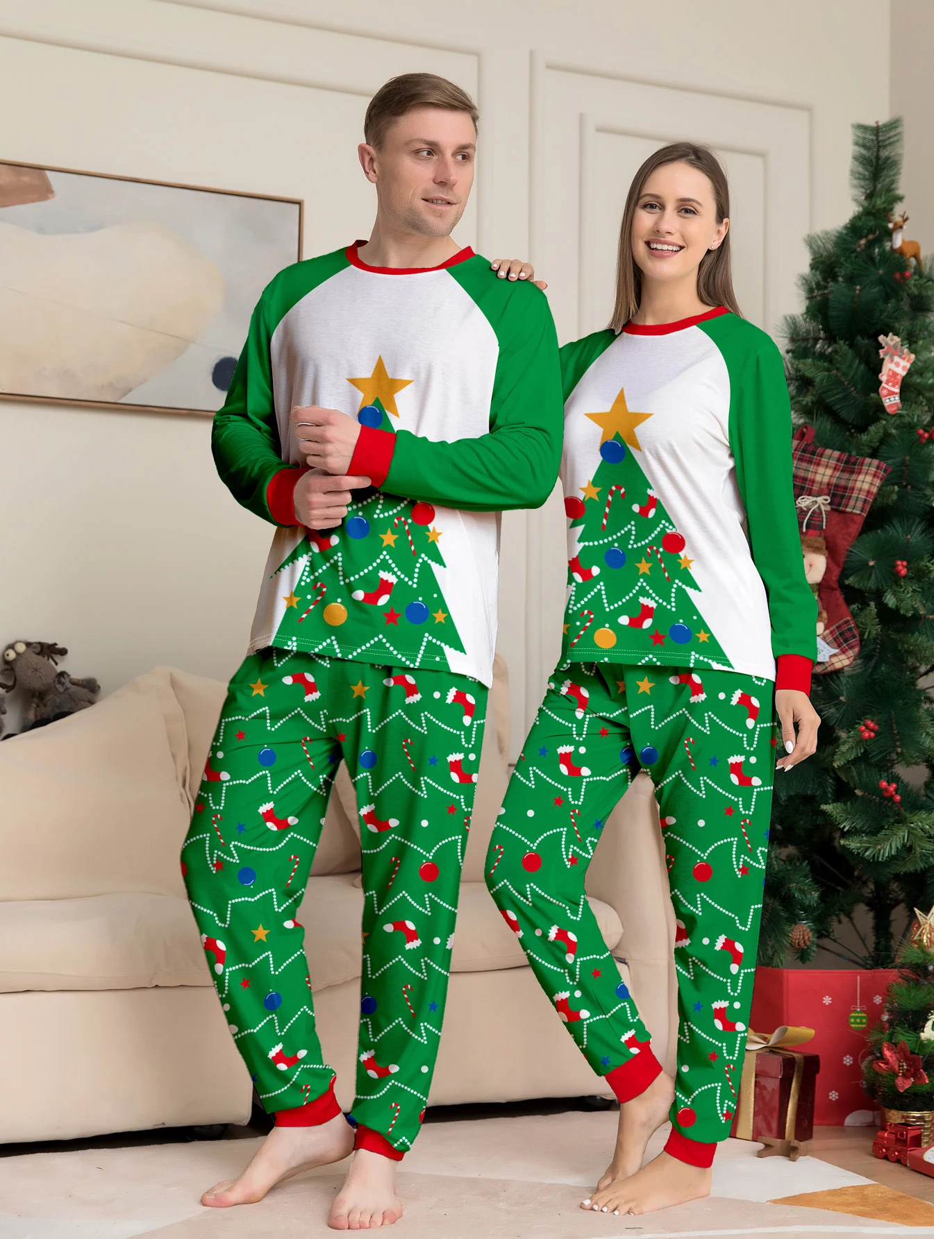 

Matching Christmas Pajamas for Couples - Tree Graphic, Love - themed Loungewear
