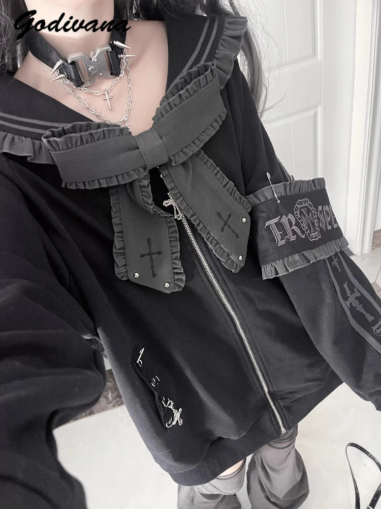 Harajuku Subcultural Embroidered Bow Rivet Loose Sailor Collar Jacket New Spring and Autumn Female Zip-up Hoodie Coat Outwear