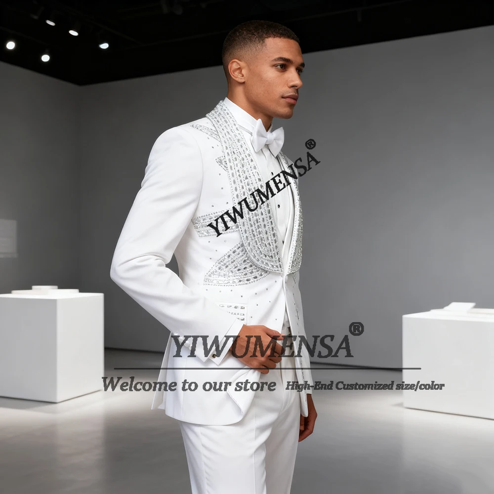 高級ダイヤモンドビーズ付きスーツ メンズ ショールラペル グルームブレザー カスタムメイド 3ピースセット ウェディングタキシード 男性用スーツ