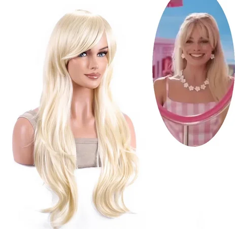 Wig Cosplay Barbie Anime Gres, Wig Cosplay Barbie, Wig serat suhu tinggi, kostum Cosplay panjang bergelombang, warna Blodne, untuk wanita