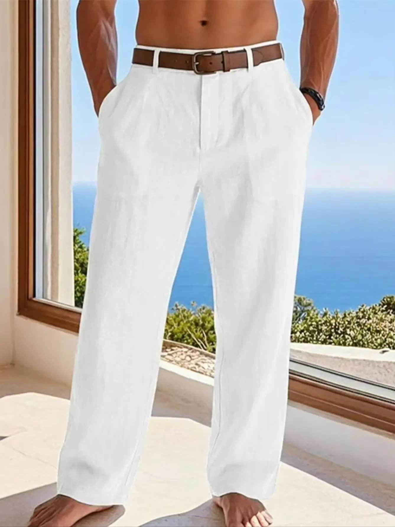 Neue Sommer-Leinenhose für Herren mit Geradem Bein und Drapiertem Stoff, Formeller Stil für den Täglichen Arbeitsweg, Lässige Hose für den Strandurlaub