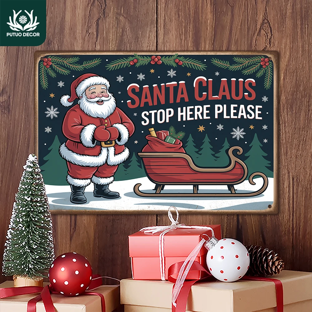 2D Flat Putuo Decor 1pc Vintage Metal Tin Sign, SANTA CLAUS STOP HERE PLEASE, Wall Art Decor for Home Christmas Party, Gift