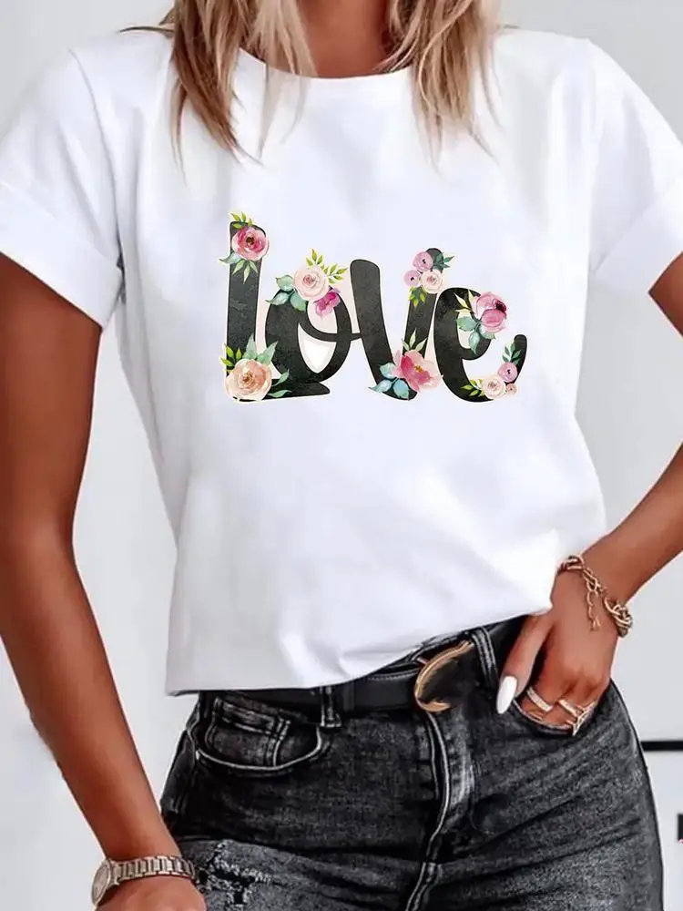 Graphic T-shirt Flower Floral Cute 90s Print T Shirt Fashion Women Summer Clothes Kawaii Basic Clothing Short Sleeve Tee Top