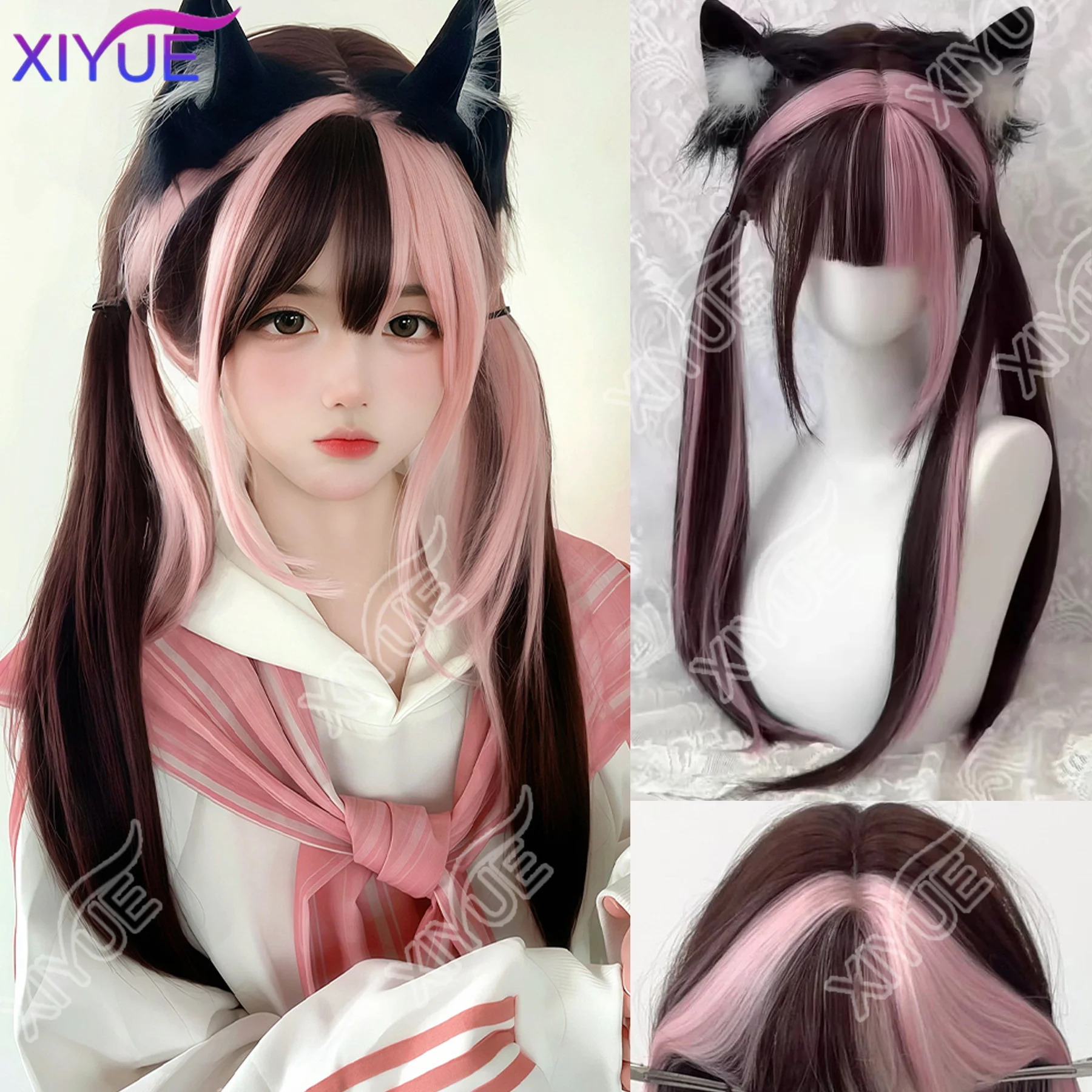

Black Pink Ombre Synthetic Wigs for Cosplay Long Straight twintails Wigs with Bangs for Women Heat Resistant Fake Hair