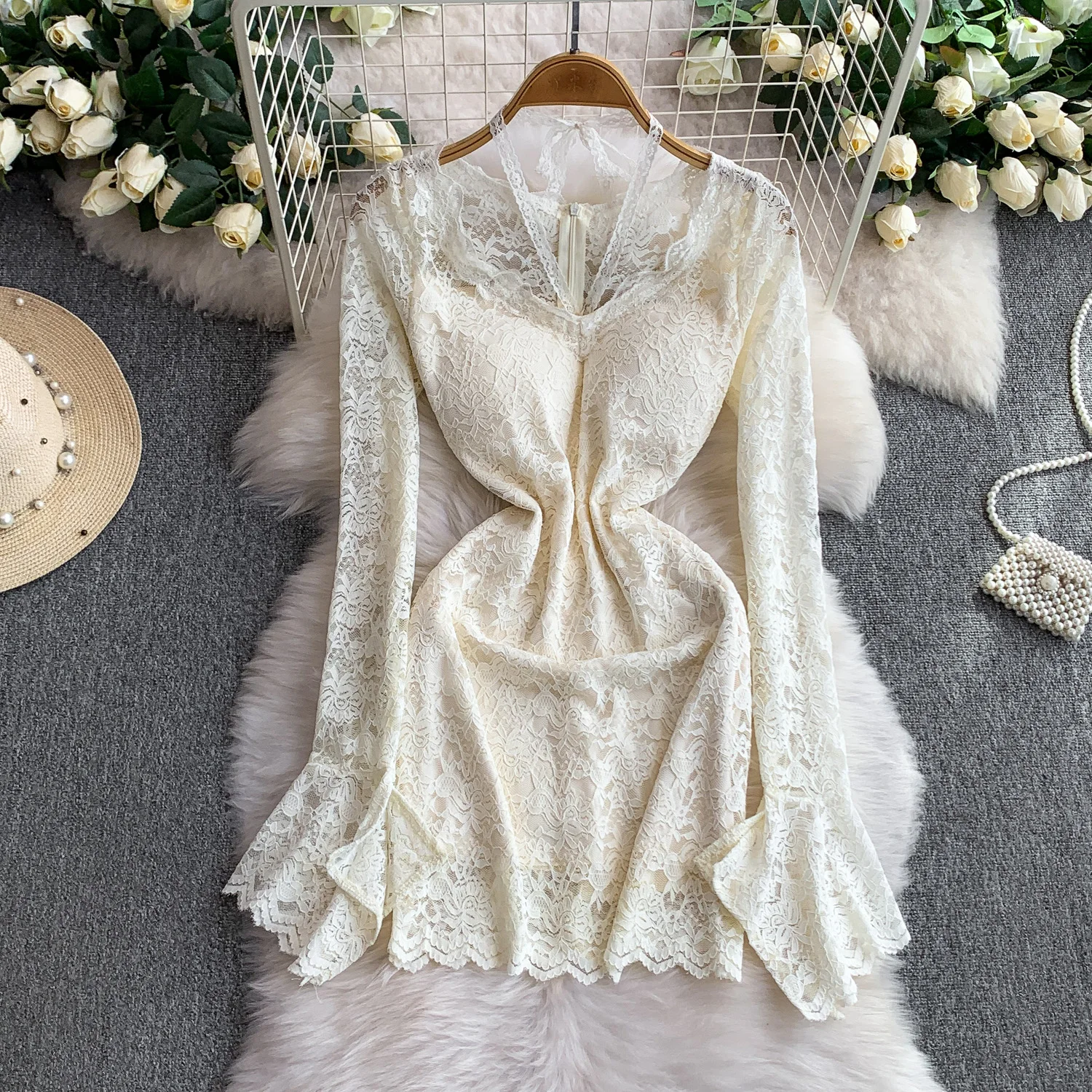 فستان أنيق عتيق بأكمام طويلة ورقبة على شكل حرف v من الدانتيل فستان صيفي بوهو على الموضة الكورية الجنية ملابس نسائية