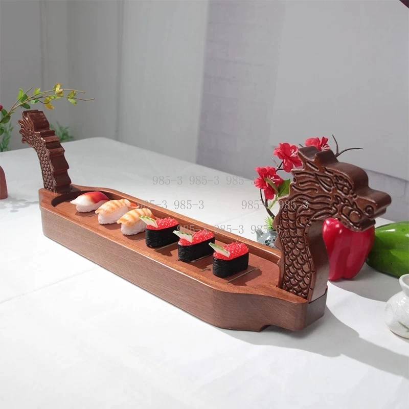 Wooden Dragon Boat Serving Tray, Dry Ice Seafood Platter for Sushi Bento Onigiri Catering