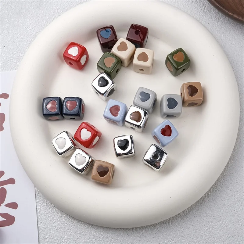 Wholesale 100pcs/lot drop oil hearts pattern print 13mm geometry square shape acrylic beads diy jewelry garment accessory
