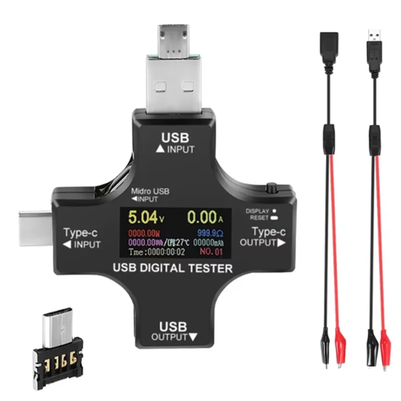 

Тестер ABHY-USB C, 2 в 1, USB-тестер типа C, цифровой мультиметр IPS с цветным экраном, напряжение, ток, мощность, сопротивление, температура