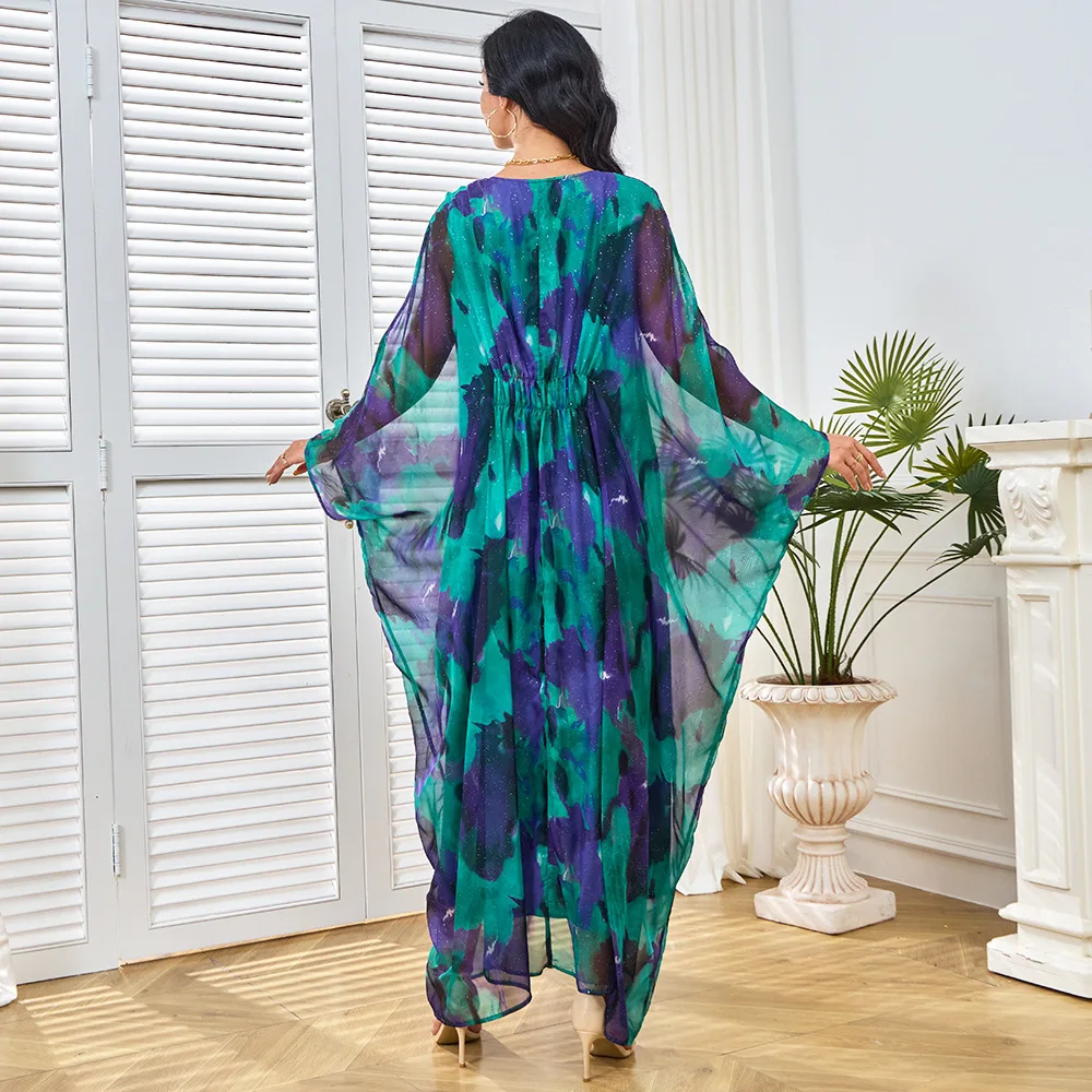 Muçulmano plus size brilhante vestido de noite para mulheres impresso casual robe dubai bat manga formal banquete kaftan cintura alta vestido de escritório