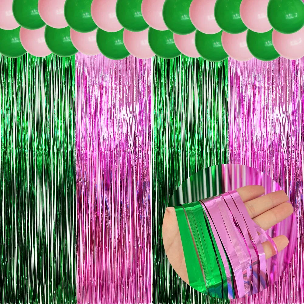 Rosa grüne Lametta-Folien-Fransenvorhänge, Fotokabinen-Hintergrund, Lametta für grünes rosa Thema, Geburtstag, Hochzeit, Party, Hexendekorationen – Detail 5