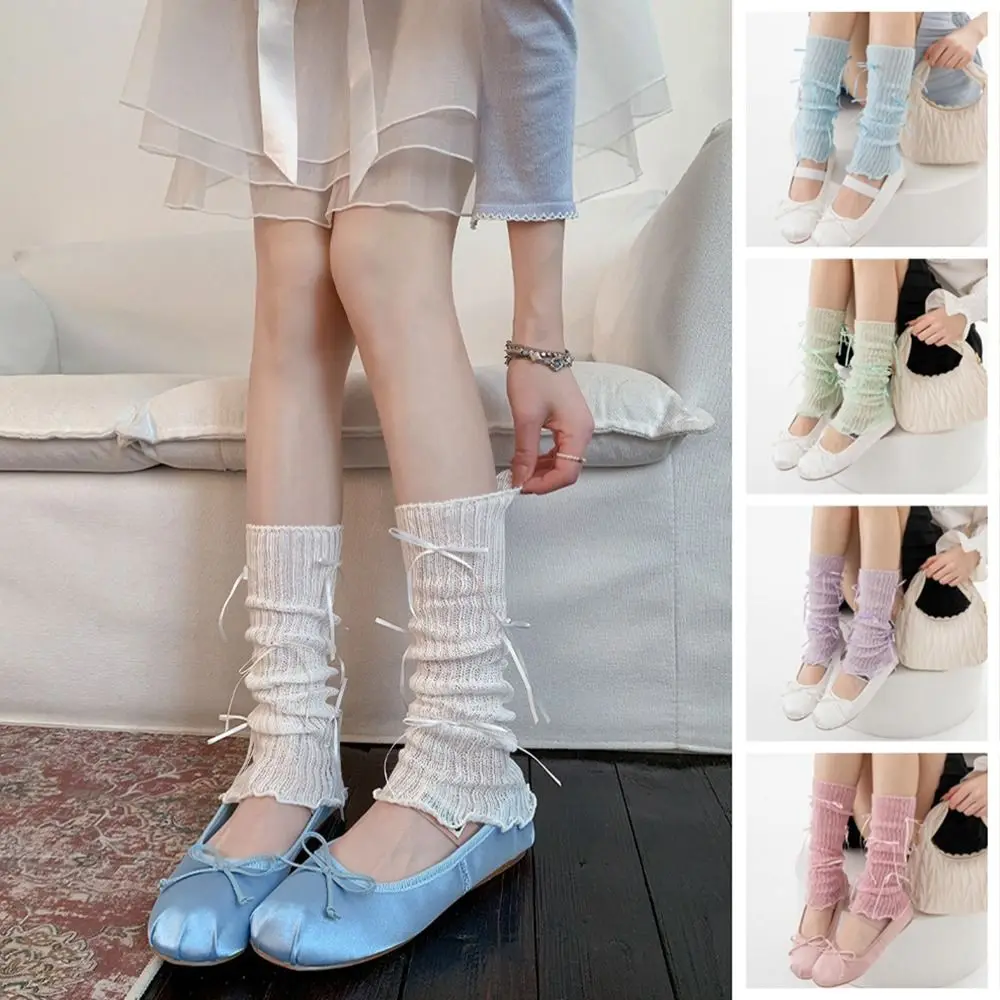 Breathable Cotton Leg Warmers Thin Style Macaron Color Sock Cuffs Bow Decor Lolita Style Calf Socks Girls