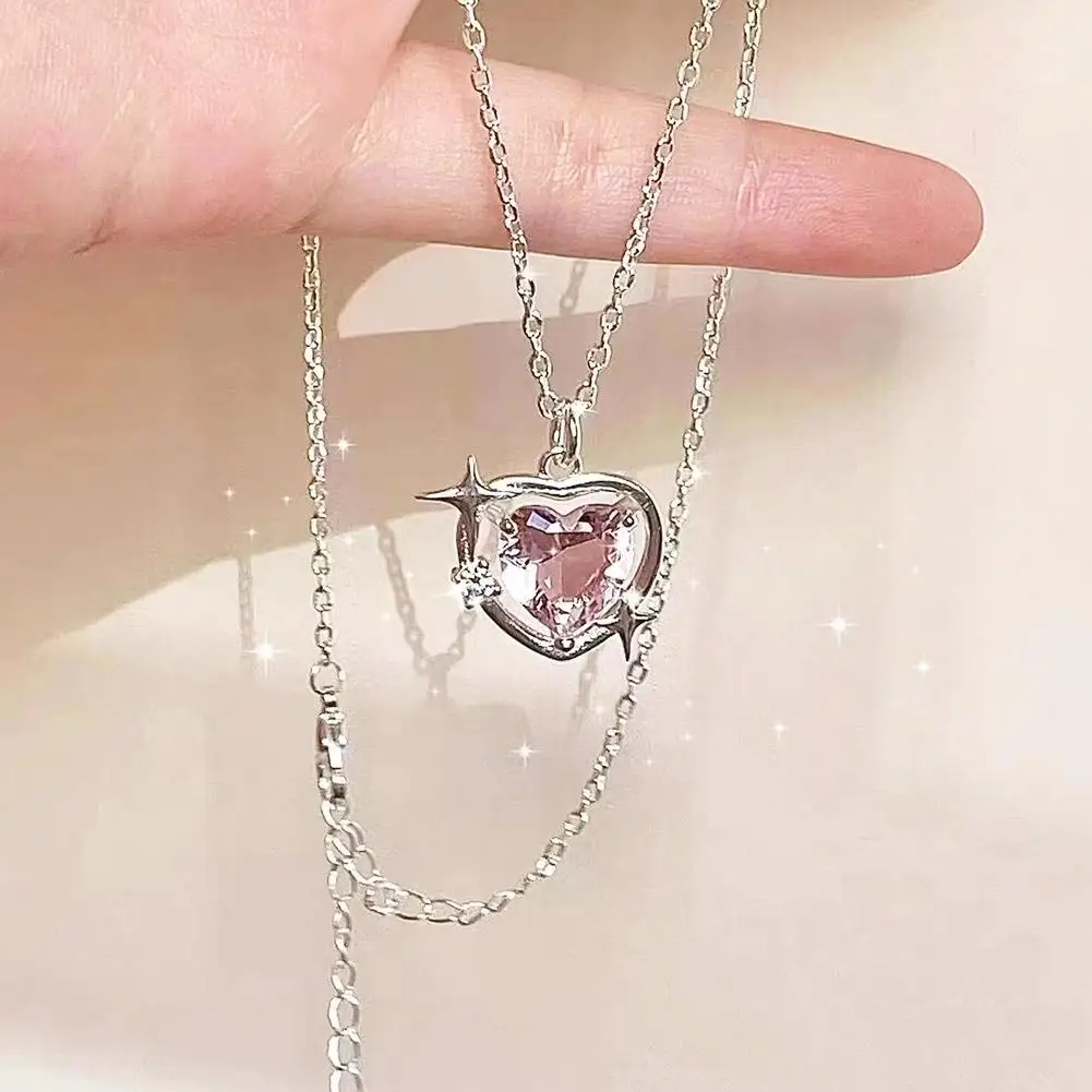 Korean Fashion Pink Crystal Heart Pendant Necklace Silver Color Chain Neck Necklace for Women Moonstone Clavicle Chain Chocker