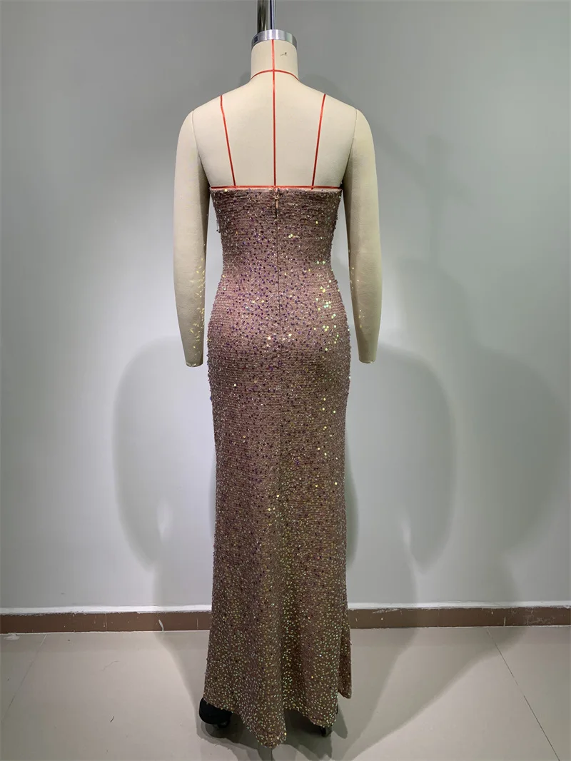 2025New Arrival Sexy Sheer Rhinestone Tassel Rose Gold Sequin Strapless Dress Fashion Socialite Party Gown