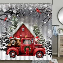 Christmas Shower Curtain, Winter Farm Snowman Truck Farmhouse Christmas Tree Cow Pig Christmas Balls Snowflake Bathroom Decor