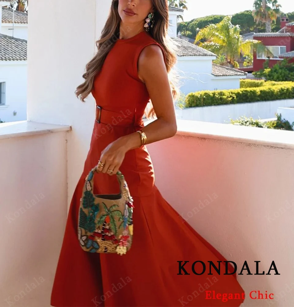 콘달라 우아한 패치워크 벨티드 슬리브리스 드레스 여성 니트 탑 패치 포플린 스커트 솔리드 드레스 여름 패션 휴가 드레스