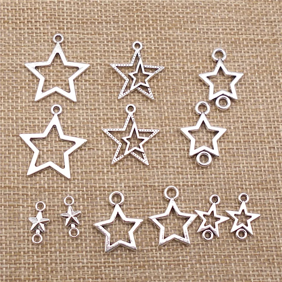 24PCS Hollow Five-star Charms Antique Silver Color Mixed Alloy Star Pendant Necklace Earrings Bracelet Jewelry Accessory